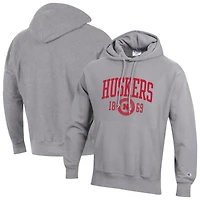 Sweat à capuche Champion pour homme, gris chiné, Nebraska Huskers, modèle Established Reverse Weave