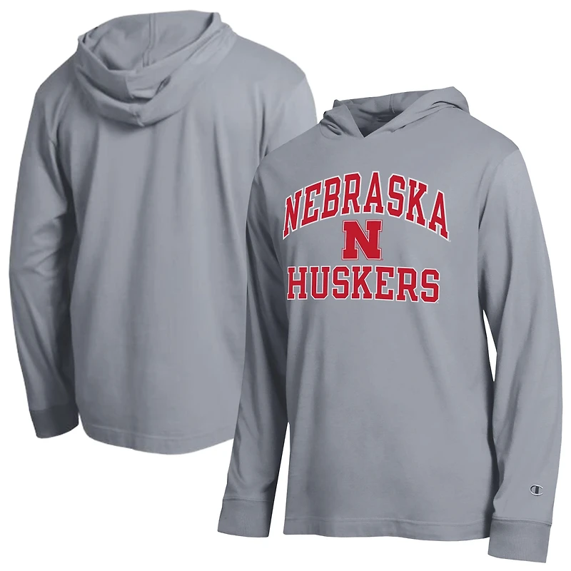 Men's Champion  Heather Gray Nebraska Huskers High Motor All-Star Long Sleeve Hooded T-Shirt