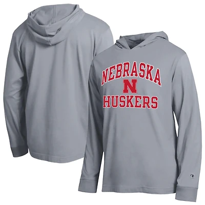 Men's Champion  Heather Gray Nebraska Huskers High Motor All-Star Long Sleeve Hooded T-Shirt