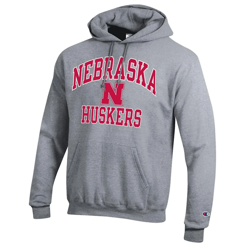Sweat à capuche enfiler moteur élevé Champion Huskers du Nebraska gris chiné pour homme