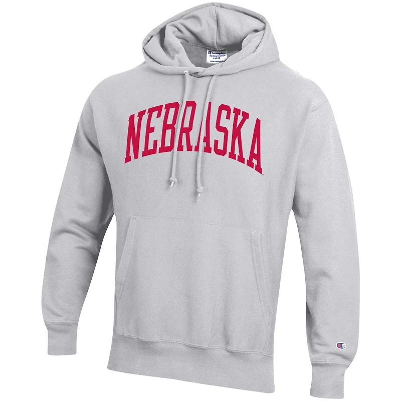 Men's Champion Heather Gray Nebraska Huskers Team Arch Reverse Weave Relaxed Fit Pullover Hoodie