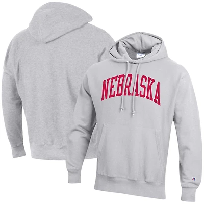 Men's Champion Heather Gray Nebraska Huskers Team Arch Reverse Weave Relaxed Fit Pullover Hoodie