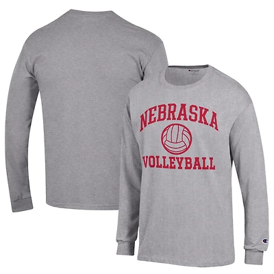 T-shirt à manches longues Champion pour homme, gris chiné, Nebraska Huskers Volleyball Icon Powerblend