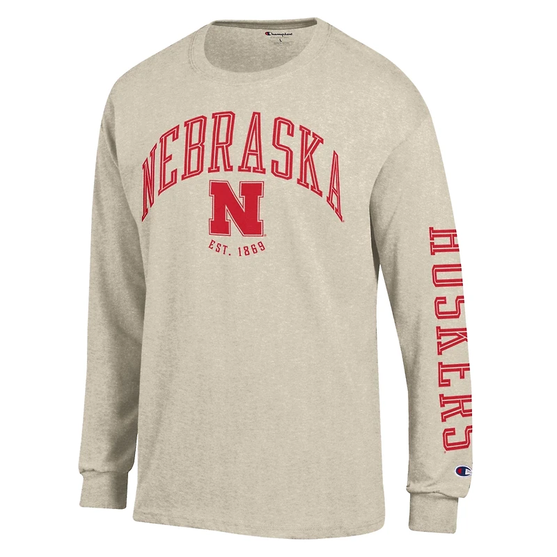 Men's Champion  Heather Oatmeal Nebraska Huskers Neutral Arch Long-Sleeve T-Shirt