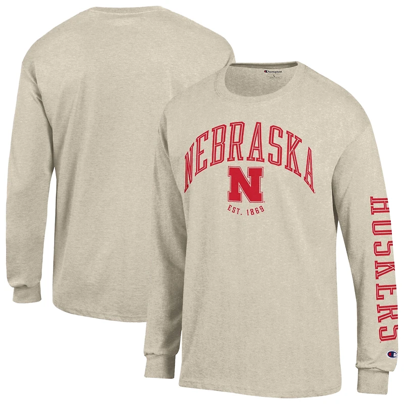 T-shirt à manches longues Champion pour homme, couleur avoine chinée, Nebraska Huskers, logo neutre.