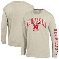 T-shirt à manches longues Champion pour homme, couleur avoine chinée, Nebraska Huskers, logo neutre.