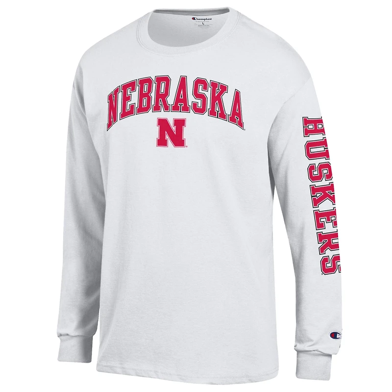 Men's Champion  White Nebraska Huskers Arch Over Logo 2-Hit Long Sleeve T-Shirt