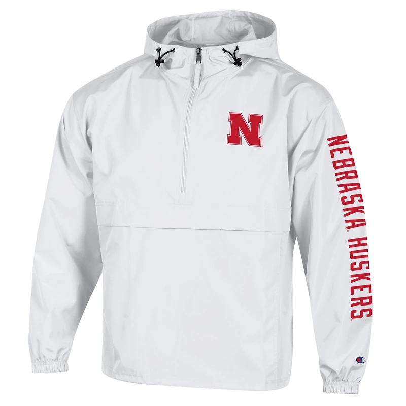 Men's Champion White Nebraska Huskers Cloud Packable Half-Zip Hooded Jacket