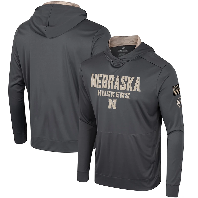 T-shirt à capuche manches longues pour hommes Colosseum Charcoal Nebraska Huskers OHT Military Appréciation