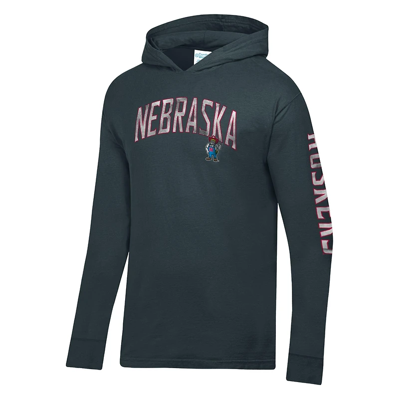 Men's ComfortWash Charcoal Nebraska Huskers Long Sleeve Hooded T-Shirt