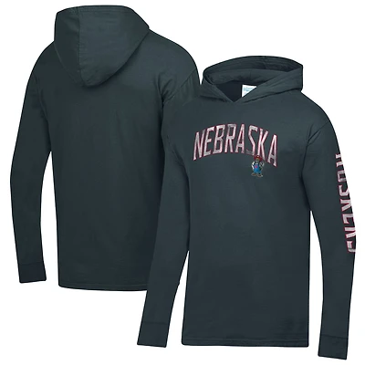 Men's ComfortWash Charcoal Nebraska Huskers Long Sleeve Hooded T-Shirt