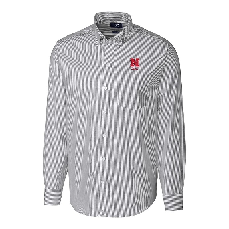 Chemise boutonnée à manches longues et rayures Oxford extensibles pour homme, couleur anthracite, avec logo des anciens Nebraska Huskers, Cutter & Buck