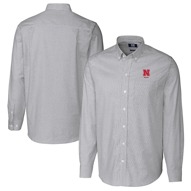 Chemise boutonnée à manches longues et rayures Oxford extensibles pour homme, couleur anthracite, avec logo des anciens Nebraska Huskers, Cutter & Buck