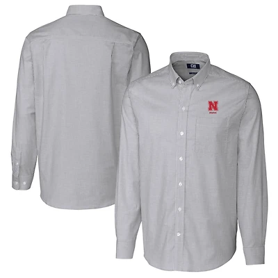 Chemise boutonnée à manches longues et rayures Oxford extensibles pour homme, couleur anthracite, avec logo des anciens Nebraska Huskers, Cutter & Buck