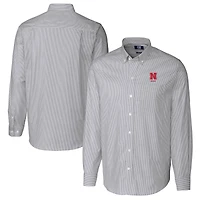 Chemise boutonnée à manches longues et rayures Oxford extensibles pour homme, couleur anthracite, avec logo des anciens Nebraska Huskers, Cutter & Buck