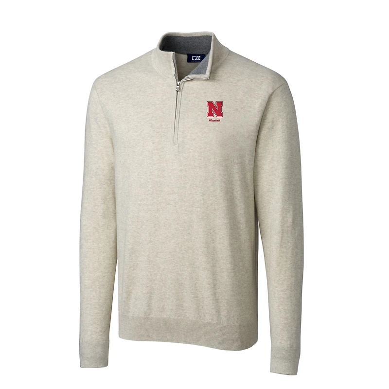 Men's Cutter & Buck Oatmeal Nebraska Huskers Alumni Logo Lakemont Tri-Blend Quarter-Zip Pullover Sweater