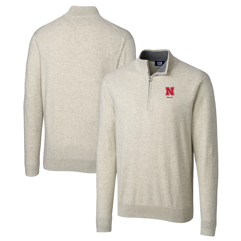 Men's Cutter & Buck Oatmeal Nebraska Huskers Alumni Logo Lakemont Tri-Blend Quarter-Zip Pullover Sweater