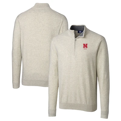 Men's Cutter & Buck Oatmeal Nebraska Huskers Alumni Logo Lakemont Tri-Blend Quarter-Zip Pullover Sweater
