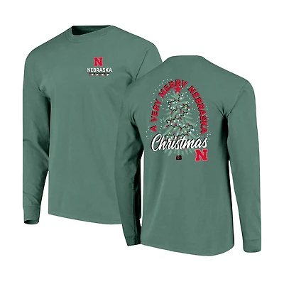 Men's  Green Nebraska Huskers Comfort Colors Merry Christmas Tree Long Sleeve T-Shirt