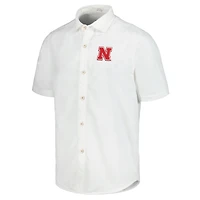 Chemise boutonnée Tommy Bahama White Nebraska Huskers Coconut Point Palm Vista IslandZone Camp pour hommes