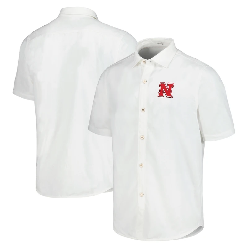 Chemise boutonnée Tommy Bahama White Nebraska Huskers Coconut Point Palm Vista IslandZone Camp pour hommes