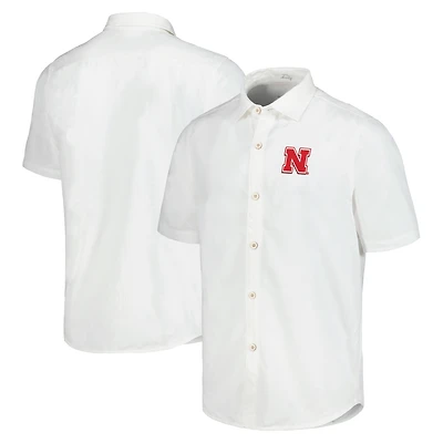 Chemise boutonnée Tommy Bahama White Nebraska Huskers Coconut Point Palm Vista IslandZone Camp pour hommes