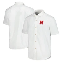 Chemise boutonnée Tommy Bahama White Nebraska Huskers Coconut Point Palm Vista IslandZone Camp pour hommes