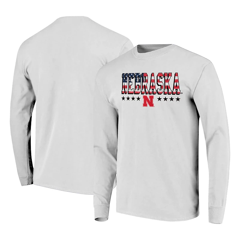 T-shirt à manches longues pour homme, blanc, Nebraska Huskers, taille haute, avec drapeau