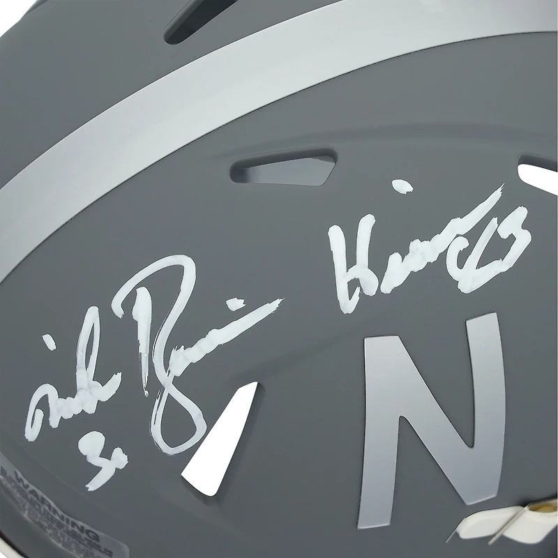Casque miniature Riddell Speed en ardoise, autographié par Mike Rozier des Nebraska Huskers, avec inscription « 83 Heisman ».