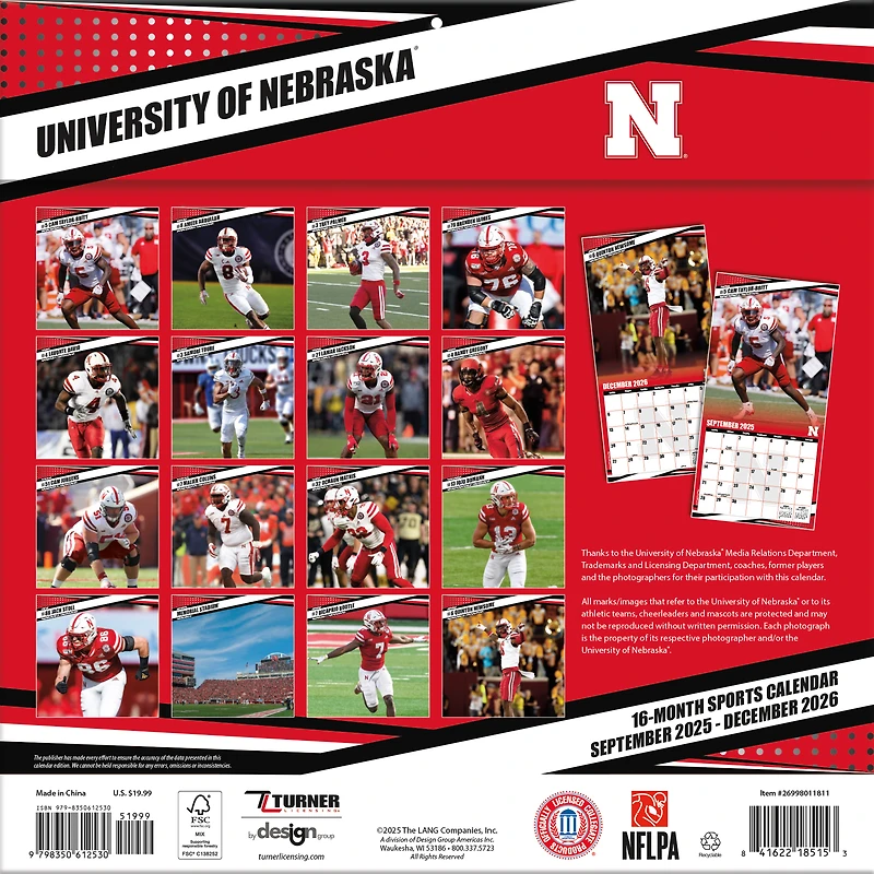 Calendrier mural 2026 des Huskers du Nebraska (12 x 12 po)