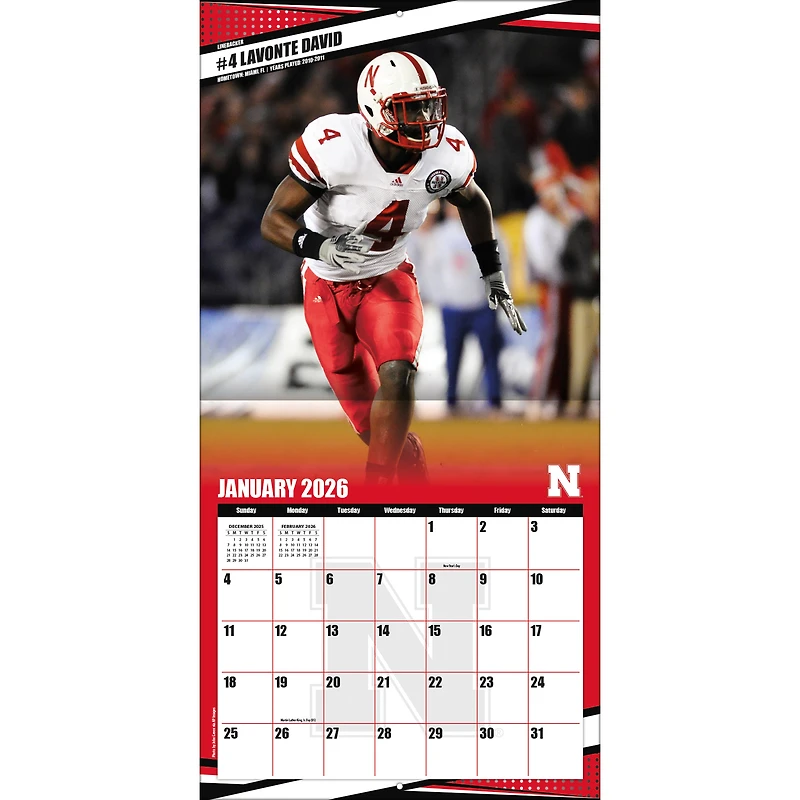 Calendrier mural 2026 des Huskers du Nebraska (12 x 12 po)