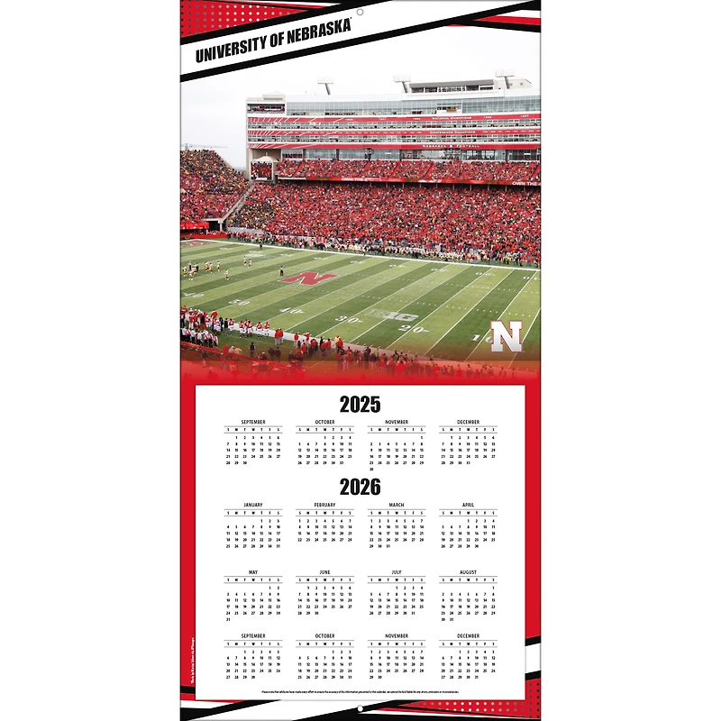 Calendrier mural 2026 des Huskers du Nebraska (12 x 12 po)