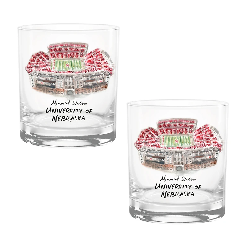 Nebraska Huskers Laura Wilcox Watercolors 14oz Rocks Glass 2-Pack