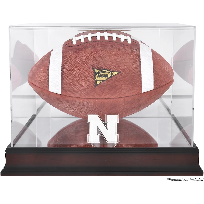 Vitrine de présentation du logo de football des Nebraska Huskers avec base en acajou et dos en miroir