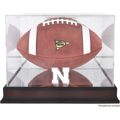 Vitrine de présentation du logo de football des Nebraska Huskers avec base en acajou et dos en miroir