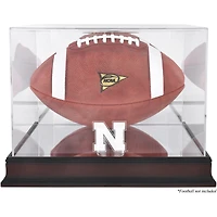 Vitrine de présentation du logo de football des Nebraska Huskers avec base en acajou et dos en miroir