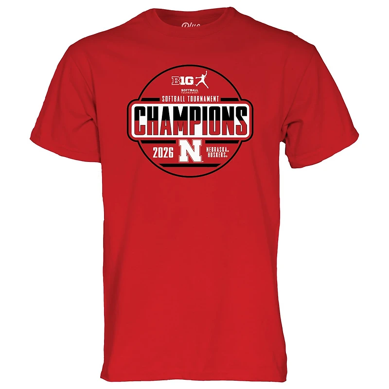 T-shirt unisexe bleu 84 Scarlet Nebraska Huskers, champions du tournoi de softball Big Ten 2026, vestiaire