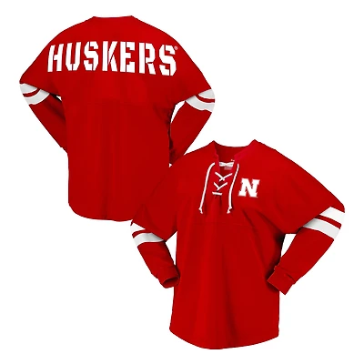 T-shirt unisexe à manches longues et col en V lacets Spirit Jersey Scarlet Nebraska Huskers