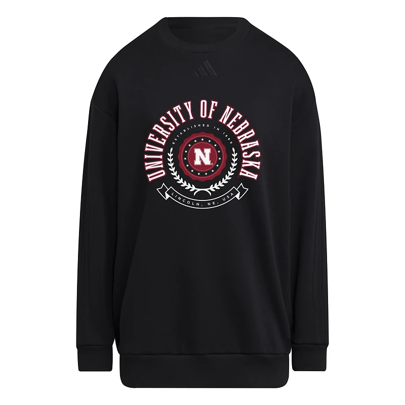 Women's adidas Black Nebraska Huskers Oversized Crewneck Pullover