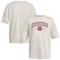 Women's adidas Cream Nebraska Huskers Fashion Three-Stripes Oversized T-Shirt