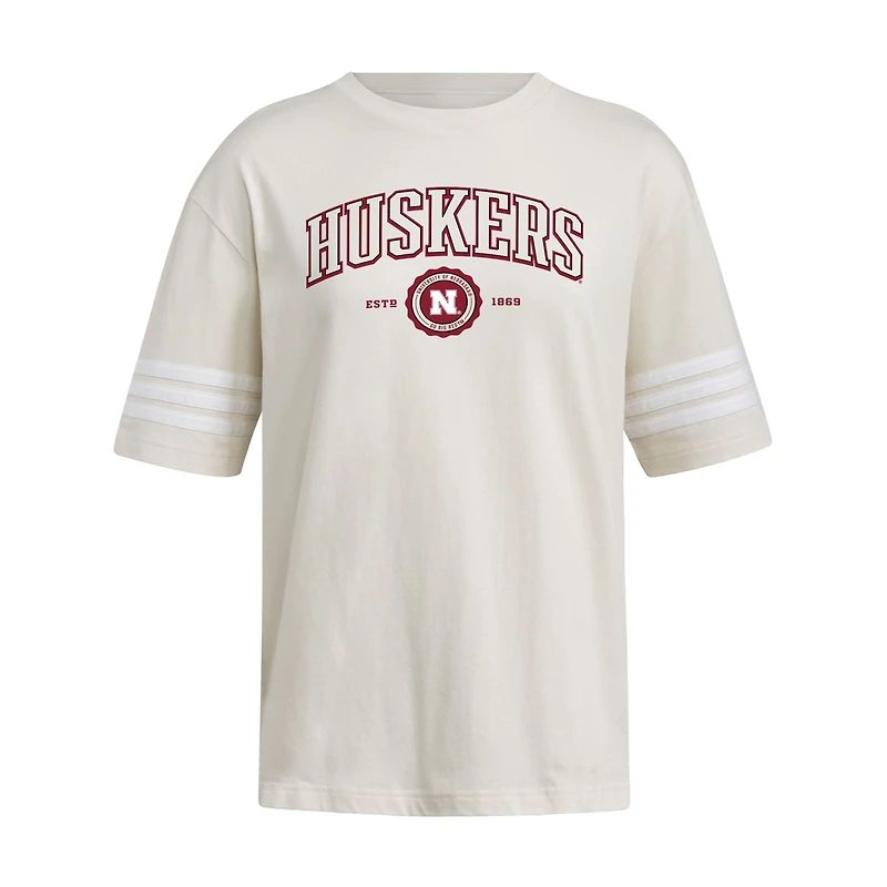 Women's adidas Cream Nebraska Huskers Fashion Three-Stripes Oversized T-Shirt