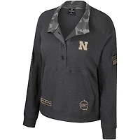 Women's Colosseum  Heather Charcoal Nebraska Huskers OHT Military Appreciation Payback Henley Thermal Sweatshirt