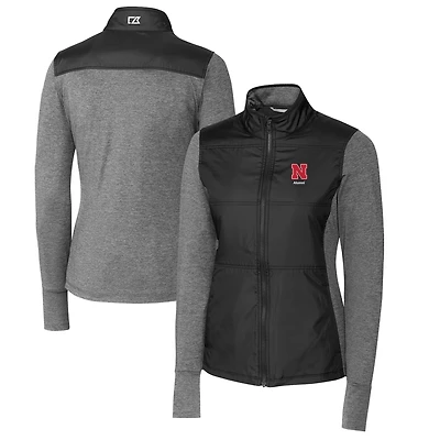 Coupe-vent matelassé hybride entièrement zippé DryTec Stealth pour femme, modèle Cutter & Buck Black Nebraska Huskers Alumni
