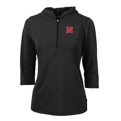 Sweat à capuche demi-zippé en piqué écologique Virtue Nebraska Huskers pour femme, noir, Cutter & Buck, manches 3/4