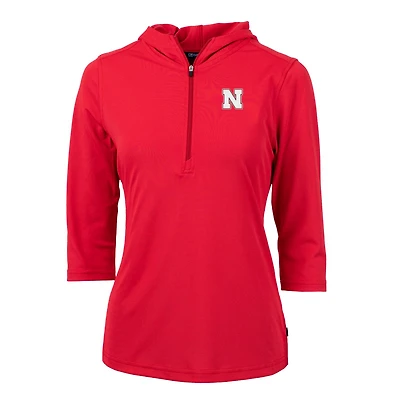 Sweat à capuche demi-zippé manches 3/4 pour femme Cutter & Buck Scarlet Nebraska Huskers Virtue Eco Pique