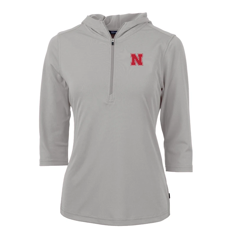 Sweat à capuche demi-zippé en piqué écologique Virtue Silver Nebraska Huskers pour femme, Cutter & Buck, manches 3/4