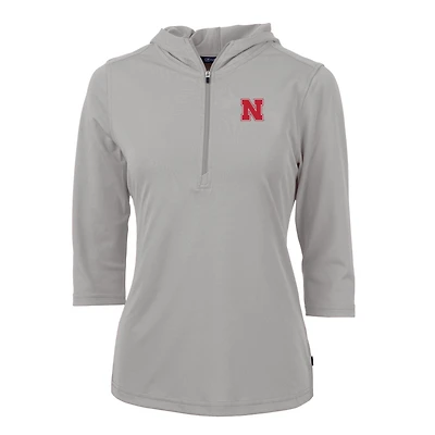 Sweat à capuche demi-zippé en piqué écologique Virtue Silver Nebraska Huskers pour femme, Cutter & Buck, manches 3/4