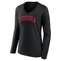 T-shirt noir à manches longues et col en V Fanatics pour femmes Nebraska Huskers Basic Arch