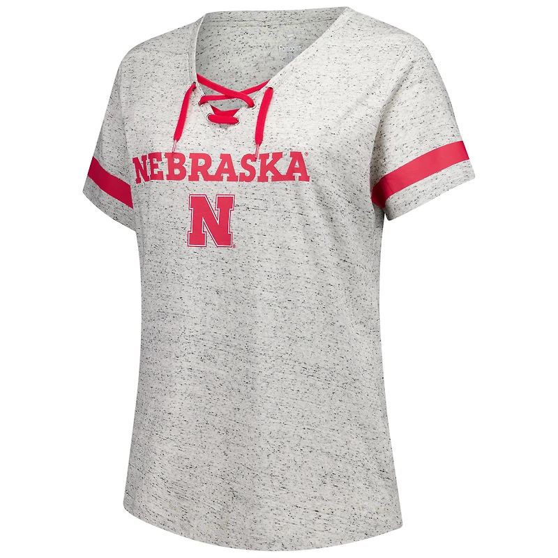 Women's Fanatics Heather Gray Nebraska Huskers Plus Lace-Up V-Neck T-Shirt