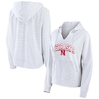 Women's Fanatics  White Nebraska Huskers Striped Notch Neck Pullover Hoodie